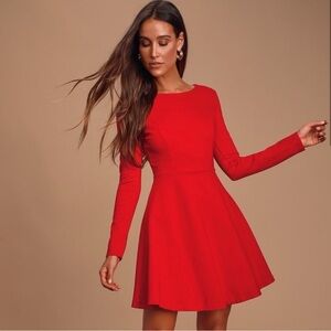 Lulu's Red Fit and Flare Long Sleeve Dress